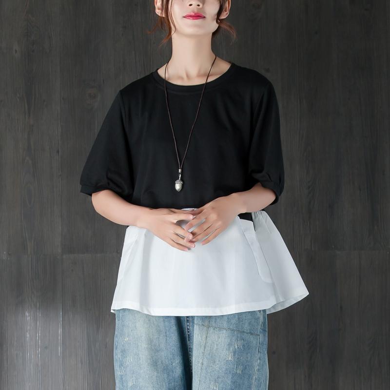 Cotton Summer Top Clothing Short Sleeve Splicing Black and White Cotton Tops