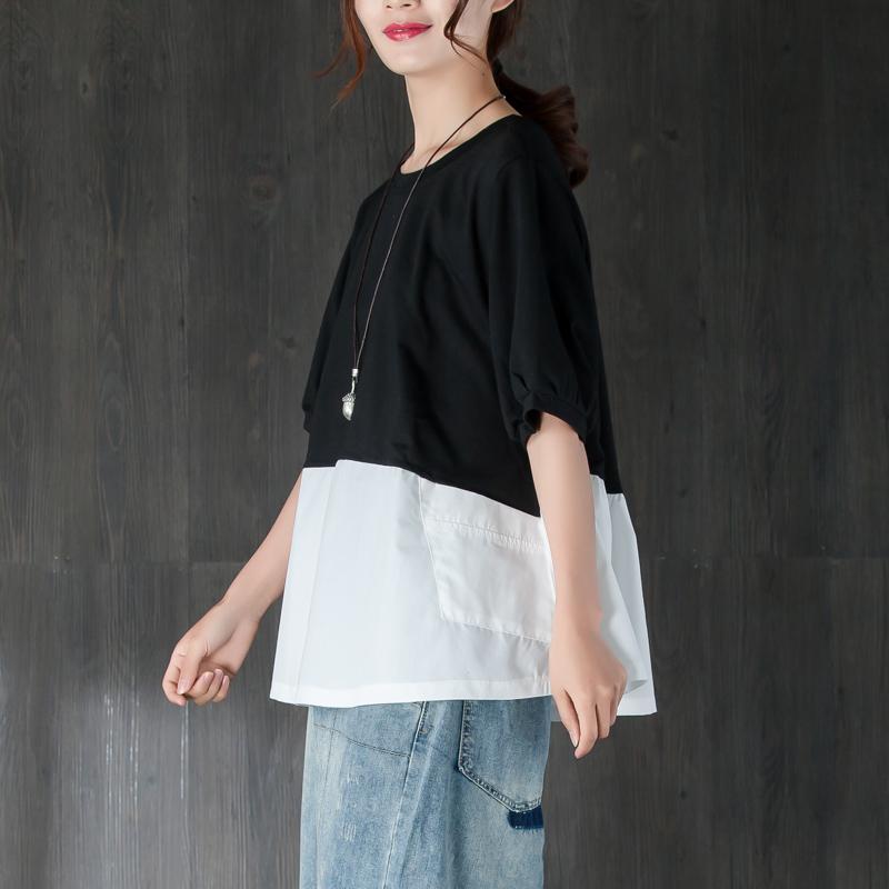 Cotton Summer Top Clothing Short Sleeve Splicing Black and White Cotton Tops