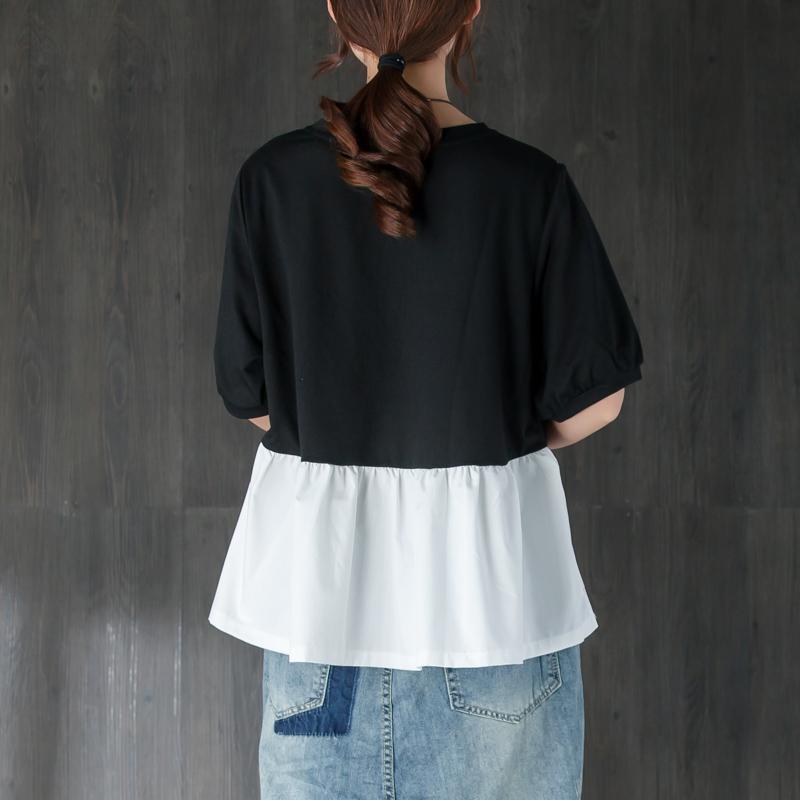 Cotton Summer Top Clothing Short Sleeve Splicing Black and White Cotton Tops