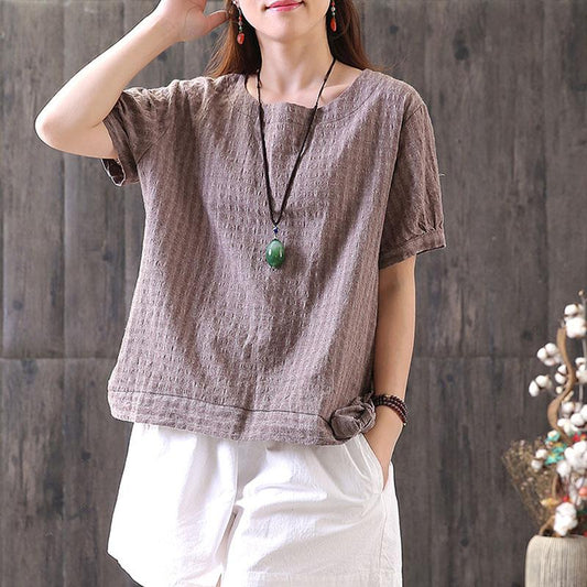 Cotton Tops Oversized Retro Lacing Cotton Linen Short Sleeve Pullover T Shirt