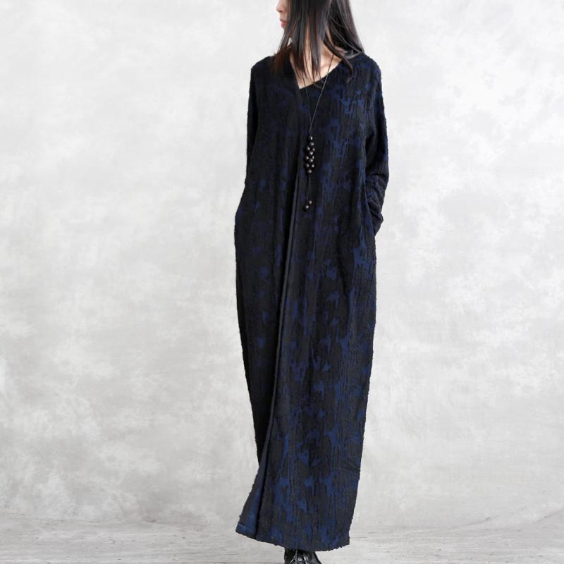 Dark Blue Jacquard Cotton Blended Dresses V Neck Asymmetric Linen Clothing Dress Long Sleeve Baggy Dresses