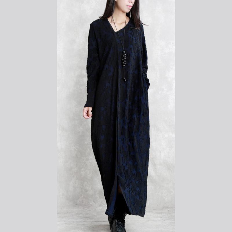 Dark Blue Jacquard Cotton Blended Dresses V Neck Asymmetric Linen Clothing Dress Long Sleeve Baggy Dresses