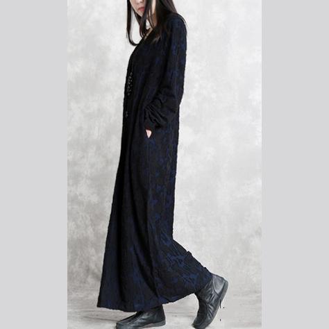 Dark Blue Jacquard Cotton Blended Dresses V Neck Asymmetric Linen Clothing Dress Long Sleeve Baggy Dresses