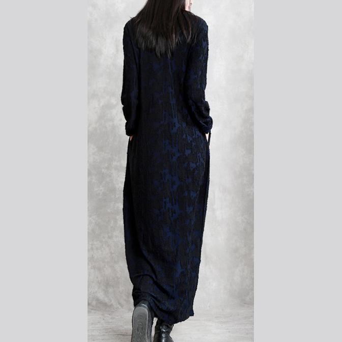 Dark Blue Jacquard Cotton Blended Dresses V Neck Asymmetric Linen Clothing Dress Long Sleeve Baggy Dresses