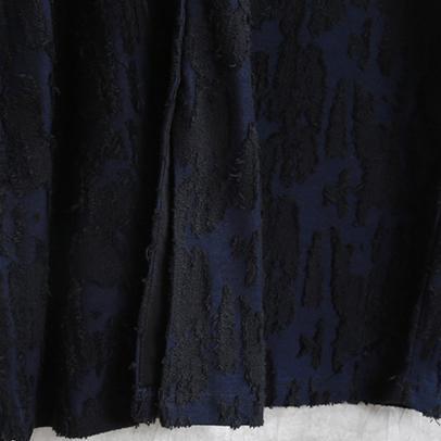 Dark Blue Jacquard Cotton Blended Dresses V Neck Asymmetric Linen Clothing Dress Long Sleeve Baggy Dresses