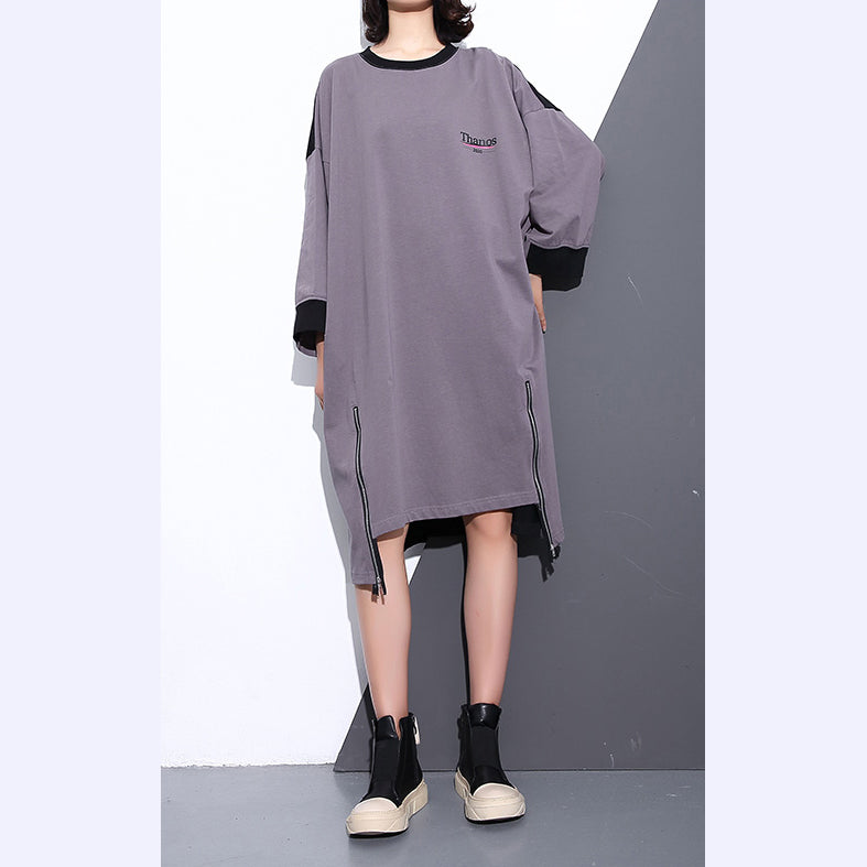 Gray Midi-length Cotton Dress Clothing Autumn Dress Zippered Baggy O Neck Cotton Dresses
