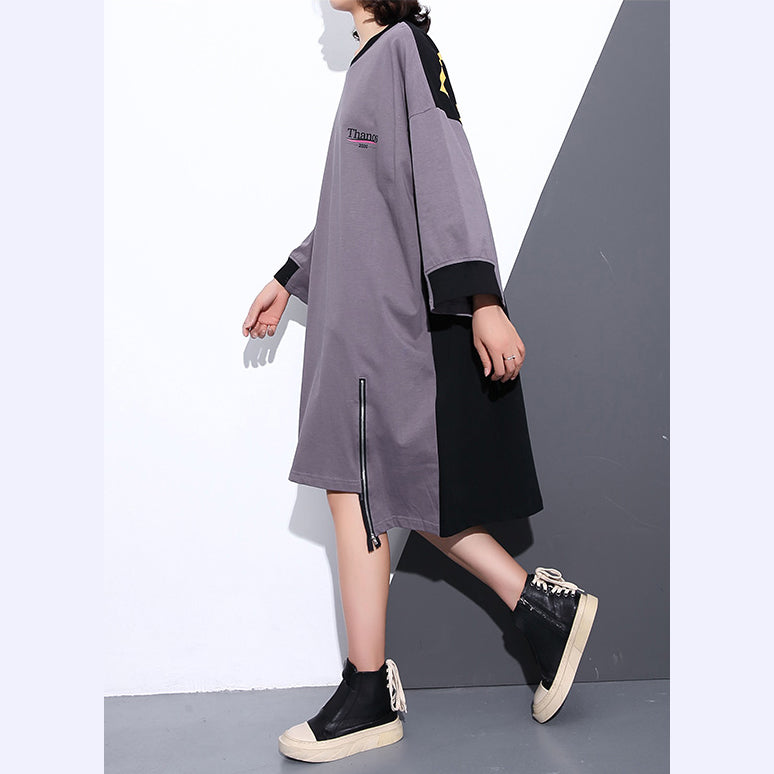 Gray Midi-length Cotton Dress Clothing Autumn Dress Zippered Baggy O Neck Cotton Dresses