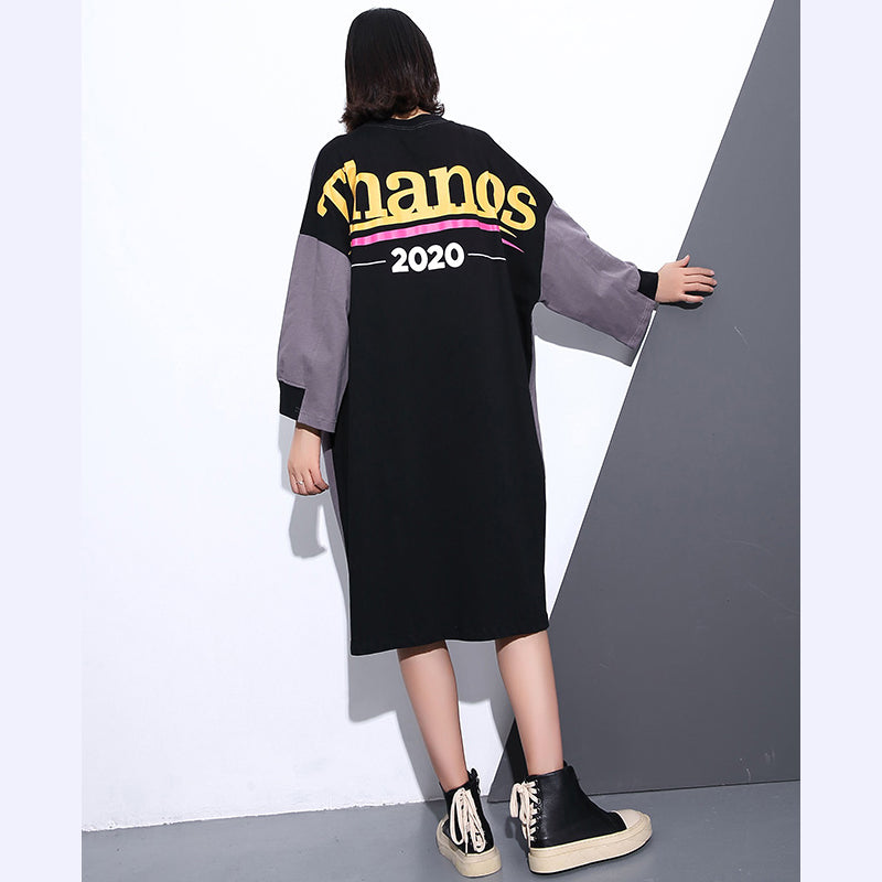 Gray Midi-length Cotton Dress Clothing Autumn Dress Zippered Baggy O Neck Cotton Dresses