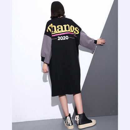 Gray Midi-length Cotton Dress Clothing Autumn Dress Zippered Baggy O Neck Cotton Dresses