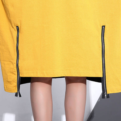 Gray Midi-length Cotton Dress Clothing Autumn Dress Zippered Baggy O Neck Cotton Dresses