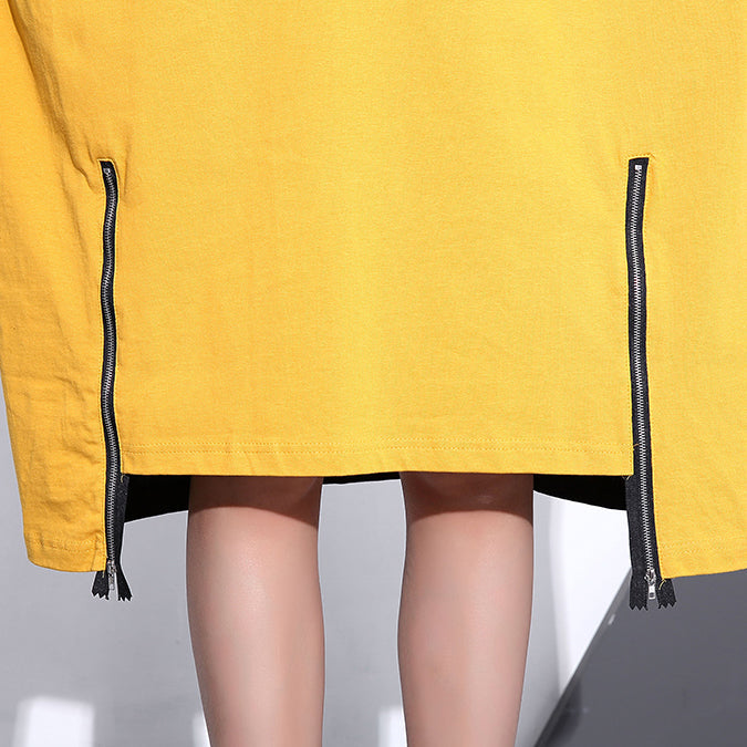 Gray Midi-length Cotton Dress Clothing Autumn Dress Zippered Baggy O Neck Cotton Dresses