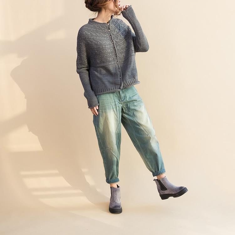 Gray Cotton Knit Tops Warm Long Sleeve Sweater