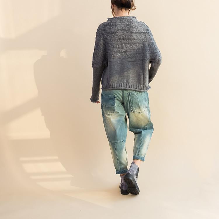 Gray Cotton Knit Tops Warm Long Sleeve Sweater