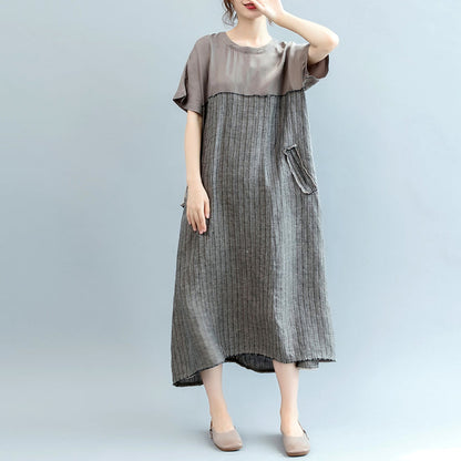 Gray Natural Linen Dress Oversize O Neck Patchwork Linen Clothing Dresses Short Sleeve Baggy Dresses
