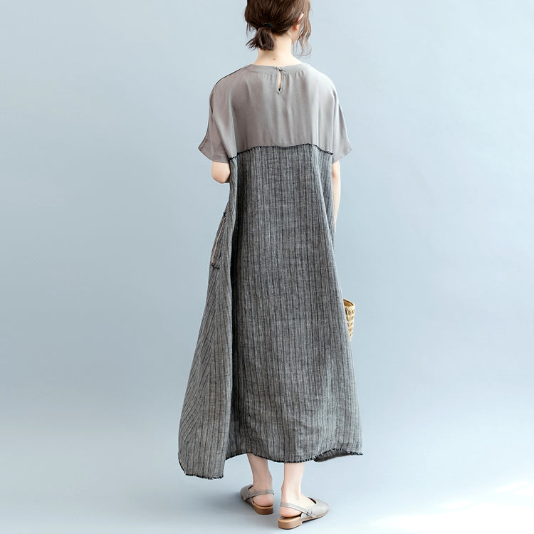 Gray Natural Linen Dress Oversize O Neck Patchwork Linen Clothing Dresses Short Sleeve Baggy Dresses