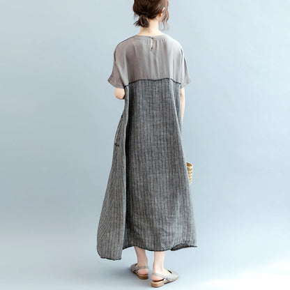 Gray Natural Linen Dress Oversize O Neck Patchwork Linen Clothing Dresses Short Sleeve Baggy Dresses