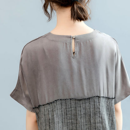 Gray Natural Linen Dress Oversize O Neck Patchwork Linen Clothing Dresses Short Sleeve Baggy Dresses