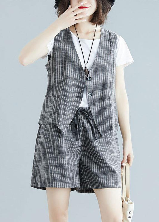 Gray Striped Two Pieces Sleeveless Tops and Shorts