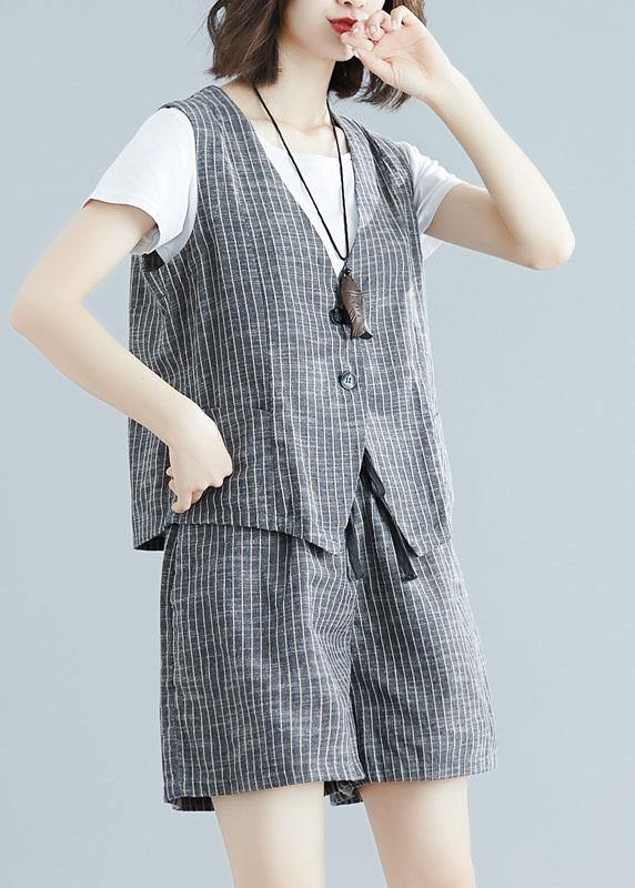 Gray Striped Two Pieces Sleeveless Tops and Shorts