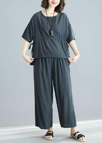 Gray Two Pieces Drawstring Short Sleeve Tops and Elastic Waist Pants
