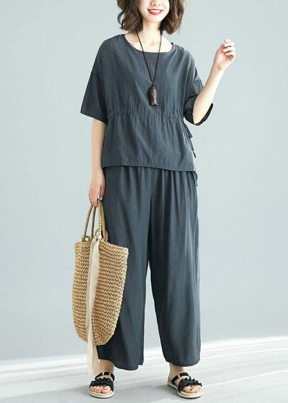 Gray Two Pieces Drawstring Short Sleeve Tops and Elastic Waist Pants