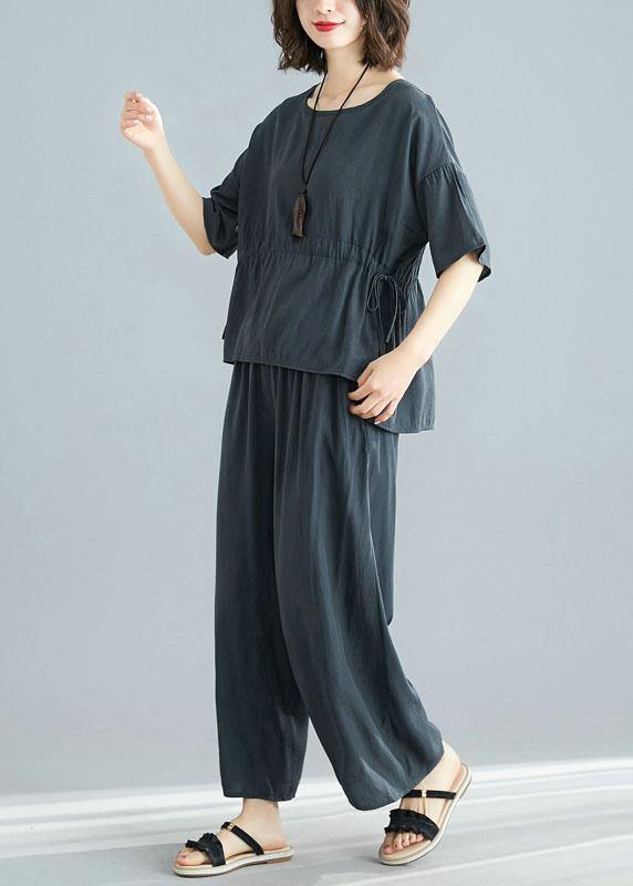 Gray Two Pieces Drawstring Short Sleeve Tops and Elastic Waist Pants