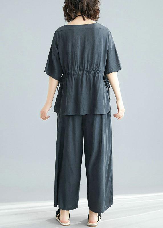 Gray Two Pieces Drawstring Short Sleeve Tops and Elastic Waist Pants