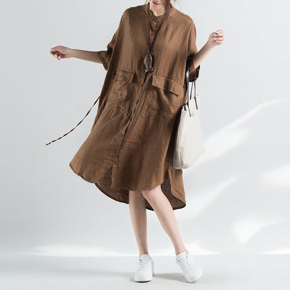 Khaki Cotton Dresses Cotton Dress Half Sleeve Stand Cotton Dress