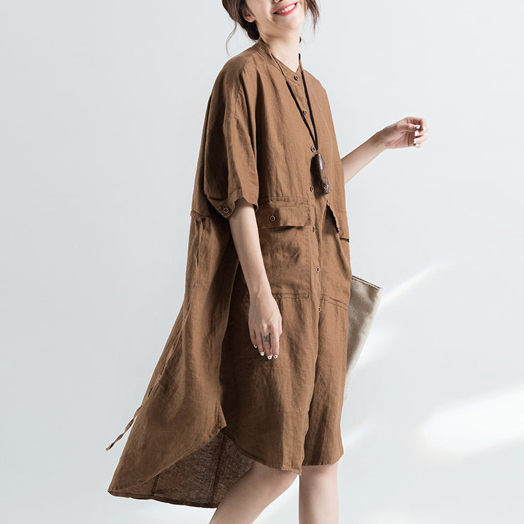 Khaki Cotton Dresses Cotton Dress Half Sleeve Stand Cotton Dress