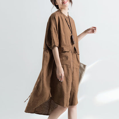 Khaki Cotton Dresses Cotton Dress Half Sleeve Stand Cotton Dress