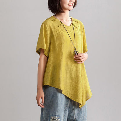 Linen Blended Blouse Oversize Irregular Hem Summer Short Sleeve Loose Yellow Blouse