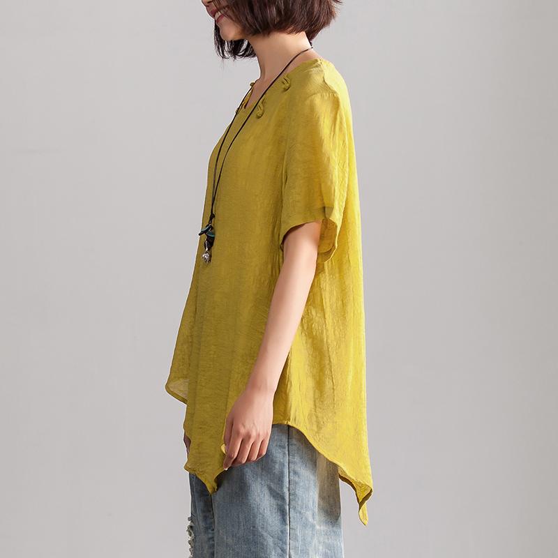 Linen Blended Blouse Oversize Irregular Hem Summer Short Sleeve Loose Yellow Blouse