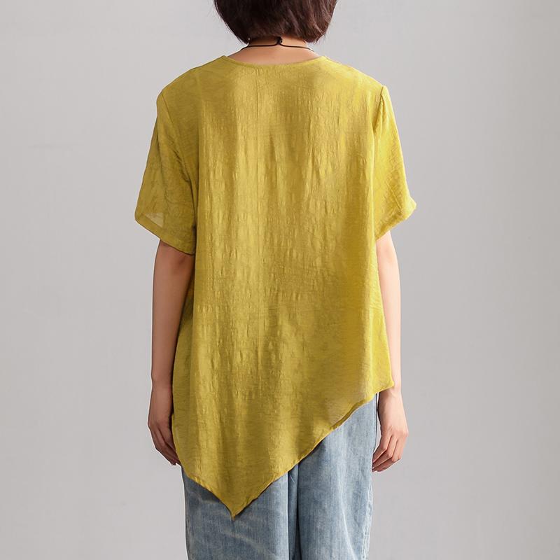 Linen Blended Blouse Oversize Irregular Hem Summer Short Sleeve Loose Yellow Blouse