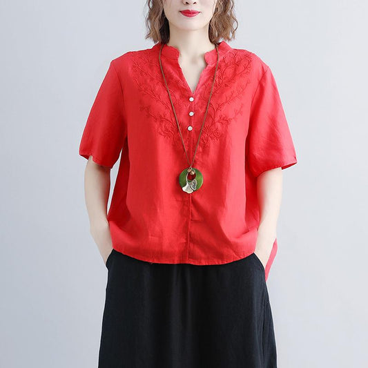 Linen Blouse Oversize Retro Short Sleeve Embroidery High-low Hem Red Tops