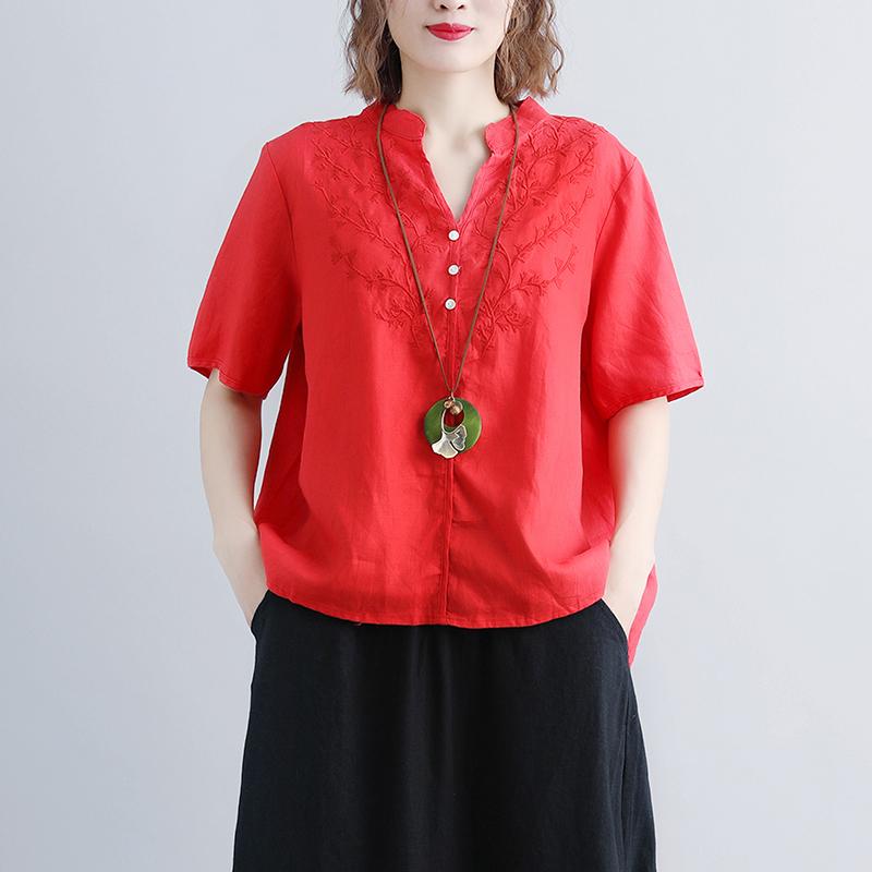 Linen Blouse Oversize Retro Short Sleeve Embroidery High-low Hem Red Tops