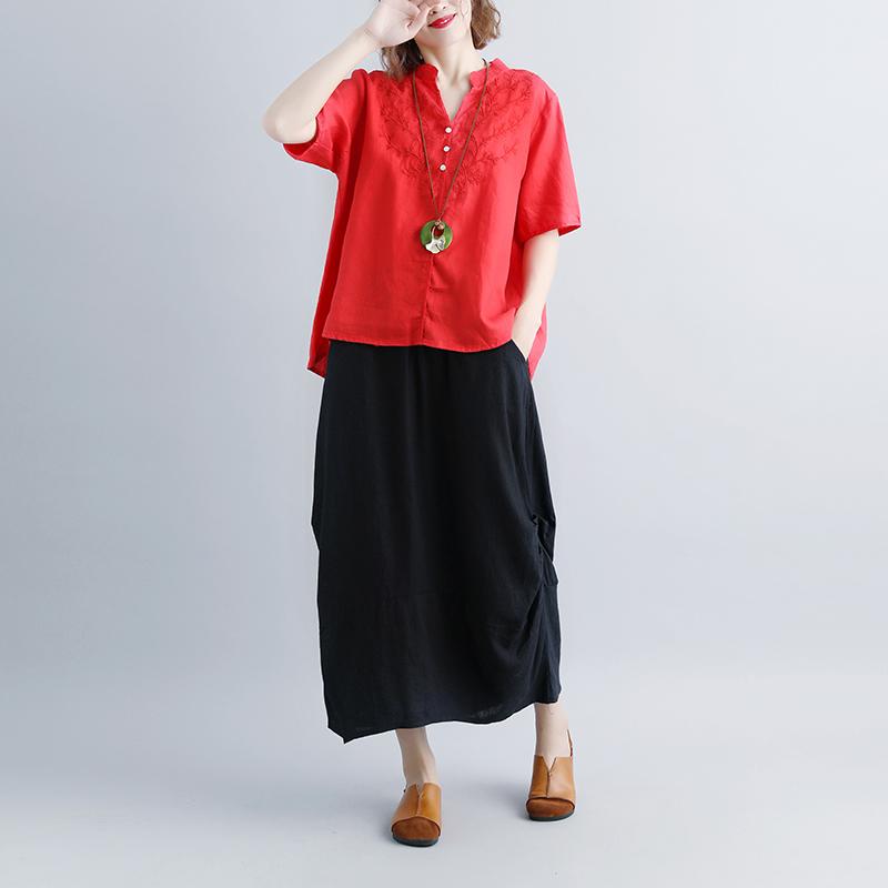 Linen Blouse Oversize Retro Short Sleeve Embroidery High-low Hem Red Tops