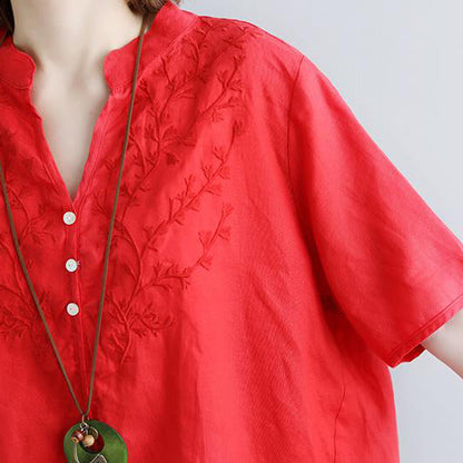 Linen Blouse Oversize Retro Short Sleeve Embroidery High-low Hem Red Tops
