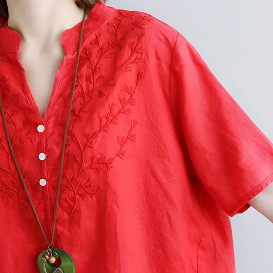 Linen Blouse Oversize Retro Short Sleeve Embroidery High-low Hem Red Tops