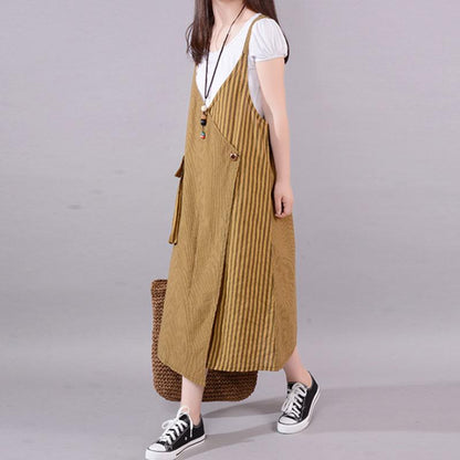 Long Cotton Blended Dress Loose Fitting Summer Stripe Big Pocket Loose Suspender Gray Dress
