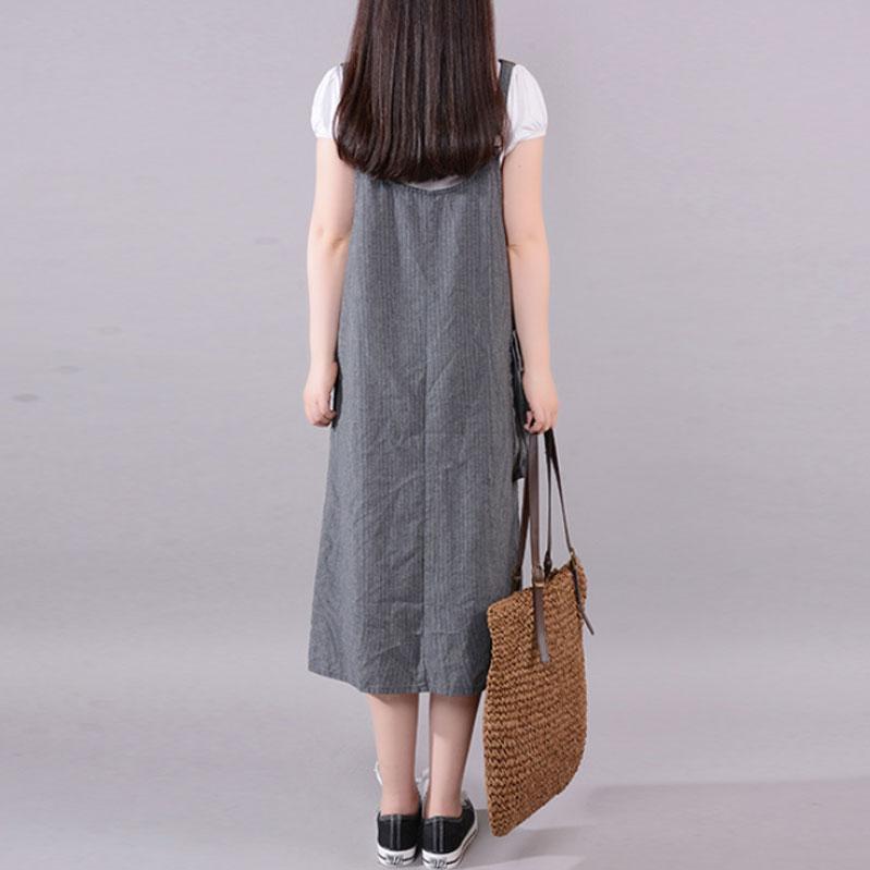 Long Cotton Blended Dress Loose Fitting Summer Stripe Big Pocket Loose Suspender Gray Dress