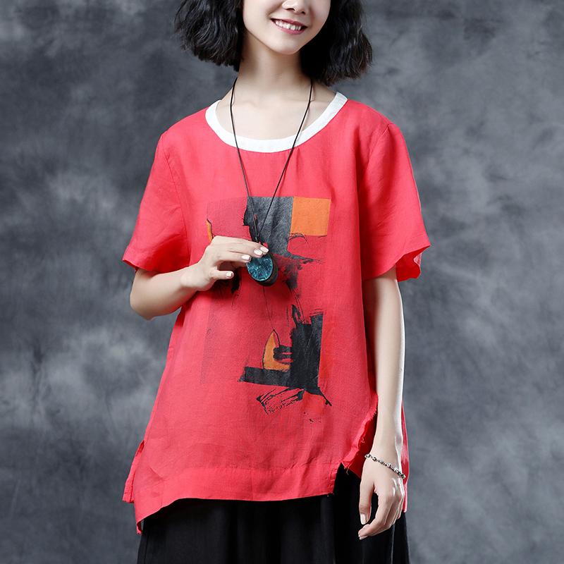 Natural Cotton Linen T Shirt Oversize Summer Short Sleeve Loose Red Shirts