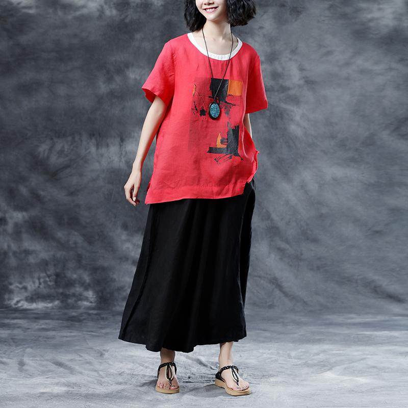 Natural Cotton Linen T Shirt Oversize Summer Short Sleeve Loose Red Shirts