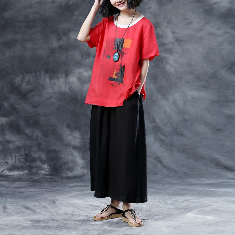 Natural Cotton Linen T Shirt Oversize Summer Short Sleeve Loose Red Shirts