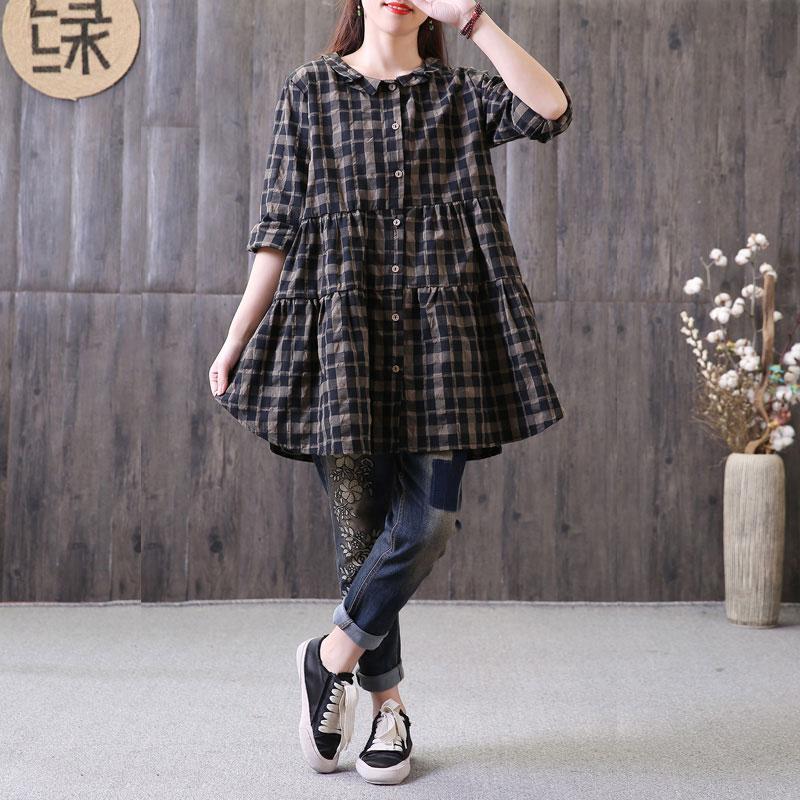 Natural Cotton Linen T Shirt Loose Polo Collar Plaid Shirt Single Breasted Black Top