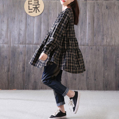Natural Cotton Linen T Shirt Loose Polo Collar Plaid Shirt Single Breasted Black Top