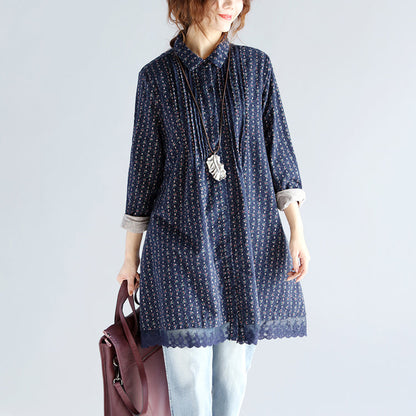 Navy Print Midi Cotton Pullover Oversize New Long Sleeve Cinched Turn-down Collar Lace Cotton Blouses