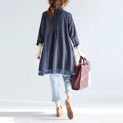 Navy Print Midi Cotton Pullover Oversize New Long Sleeve Cinched Turn-down Collar Lace Cotton Blouses