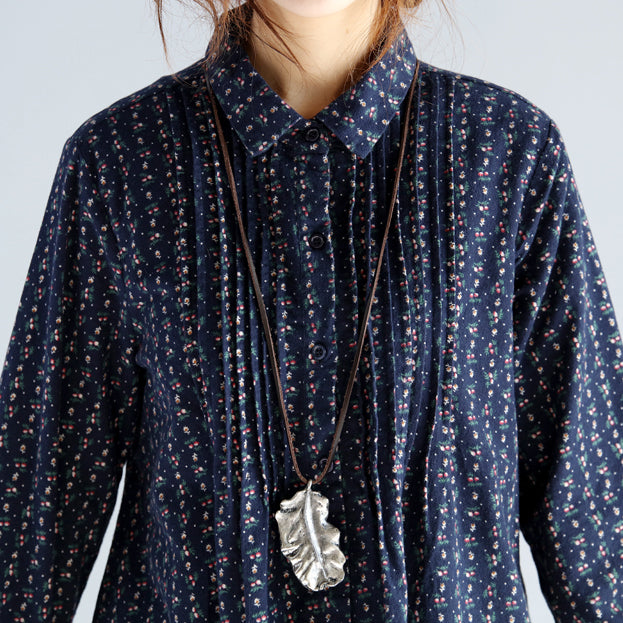 Navy Print Midi Cotton Pullover Oversize New Long Sleeve Cinched Turn-down Collar Lace Cotton Blouses