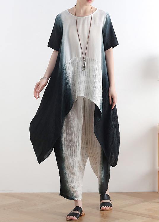 New Black O Neck Patchwork Tops +elastic Waist Wide Leg Pants Two Pieces