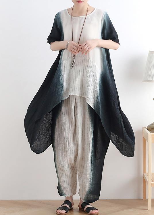 New Black O Neck Patchwork Tops +elastic Waist Wide Leg Pants Two Pieces